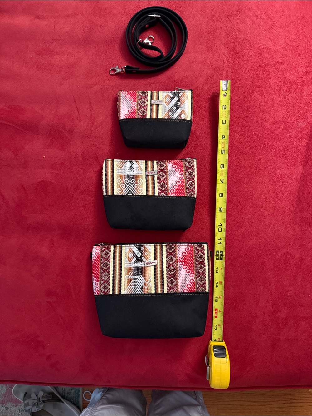 Black & Red Patterned Women’s Pouch Set with Detachable Strap